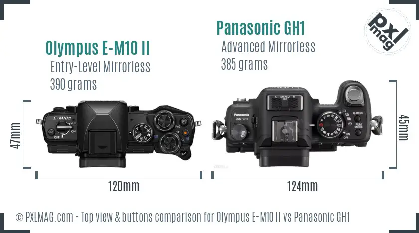 Olympus E-M10 II vs Panasonic GH1 top view buttons comparison