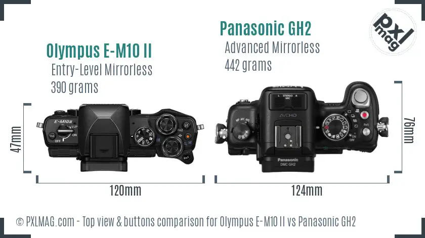 Olympus E-M10 II vs Panasonic GH2 top view buttons comparison
