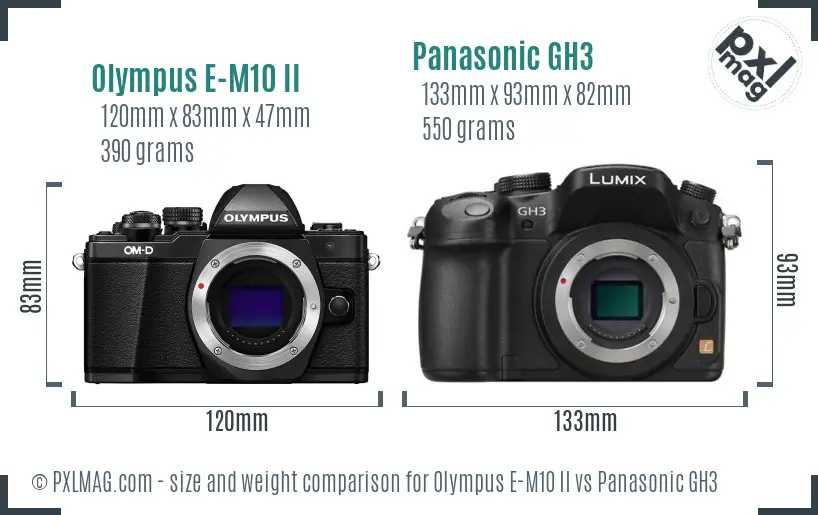 Olympus E-M10 II vs Panasonic GH3 size comparison Olympus E-M10 II vs Panasonic GH3 size comparison