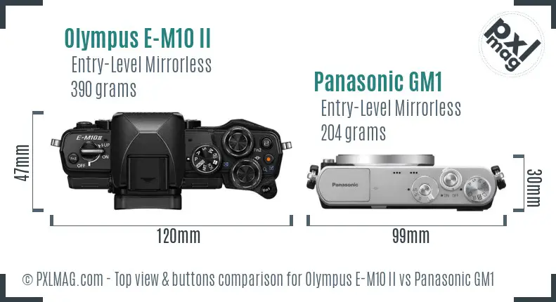 Olympus E-M10 II vs Panasonic GM1 top view buttons comparison