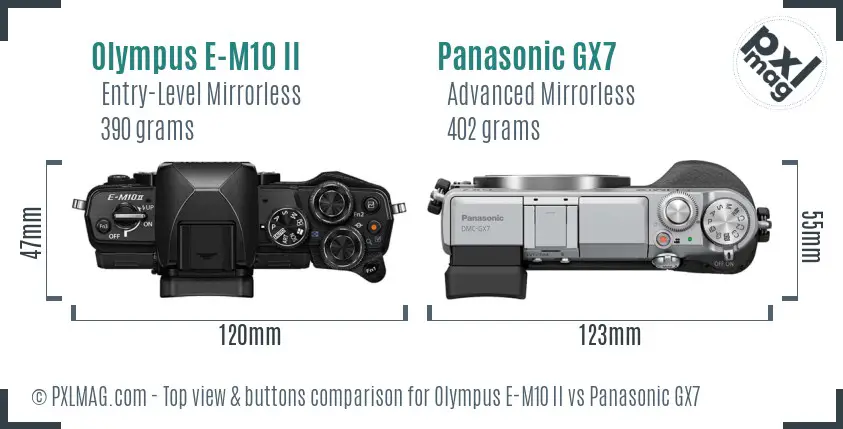 Olympus E-M10 II vs Panasonic GX7 top view buttons comparison