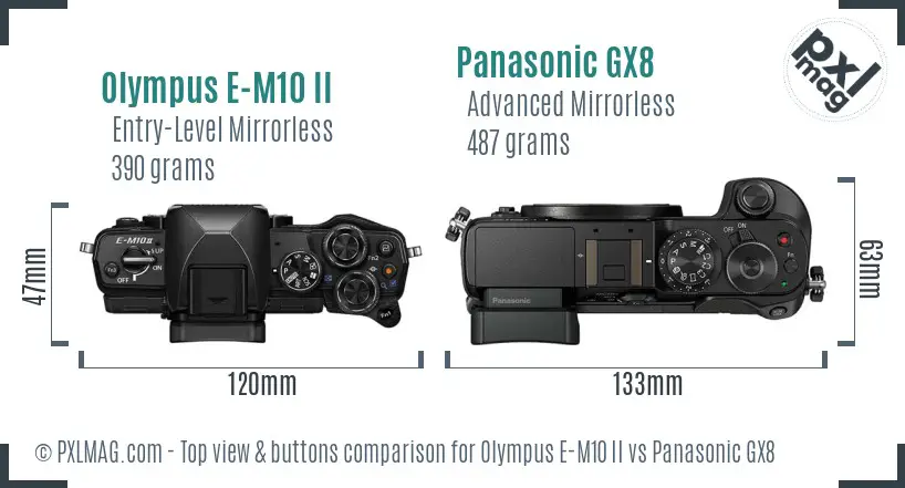Olympus E-M10 II vs Panasonic GX8 top view buttons comparison Olympus E-M10 II vs Panasonic GX8 top view buttons comparison
