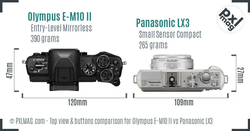 Olympus E-M10 II vs Panasonic LX3 top view buttons comparison