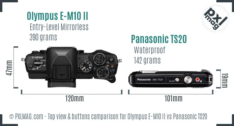 Olympus E-M10 II vs Panasonic TS20 top view buttons comparison