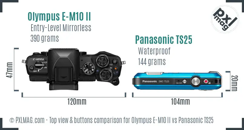 Olympus E-M10 II vs Panasonic TS25 top view buttons comparison