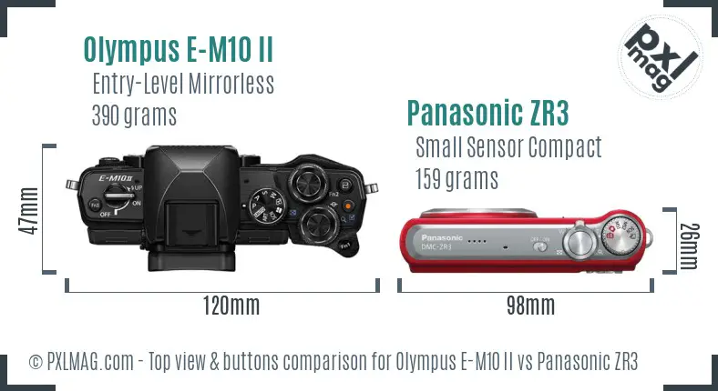 Olympus E-M10 II vs Panasonic ZR3 top view buttons comparison