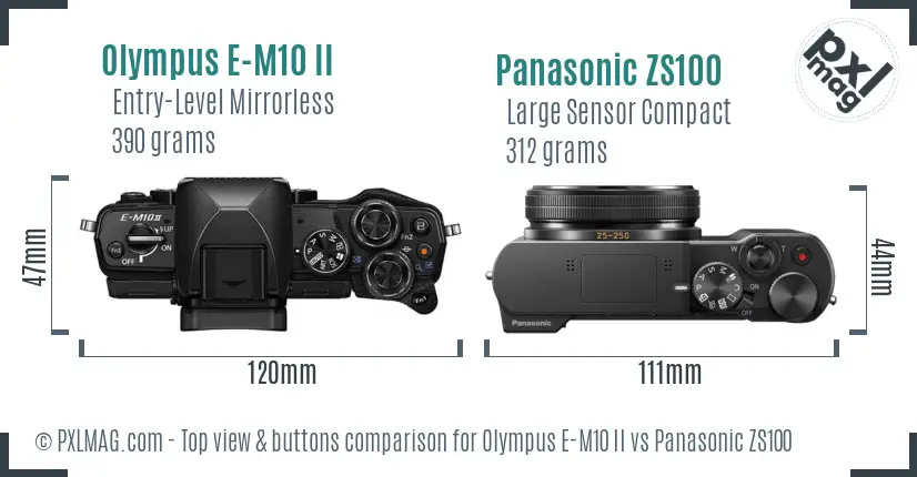 Olympus E-M10 II vs Panasonic ZS100 top view buttons comparison
