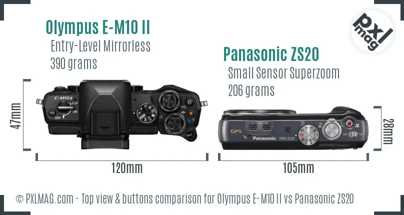 Olympus E-M10 II vs Panasonic ZS20 top view buttons comparison