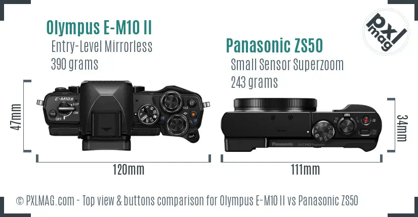 Olympus E-M10 II vs Panasonic ZS50 top view buttons comparison
