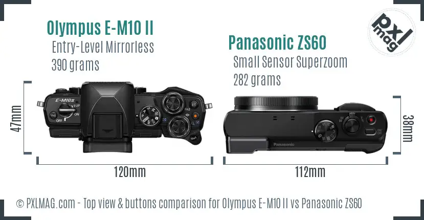Olympus E-M10 II vs Panasonic ZS60 top view buttons comparison