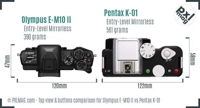 Olympus E-M10 II vs Pentax K-01 top view buttons comparison