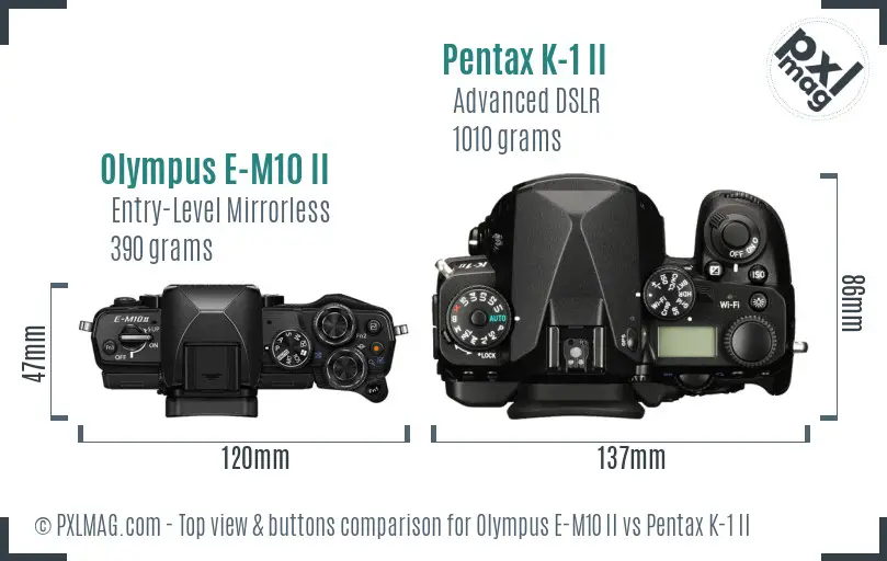 Olympus E-M10 II vs Pentax K-1 II top view buttons comparison
