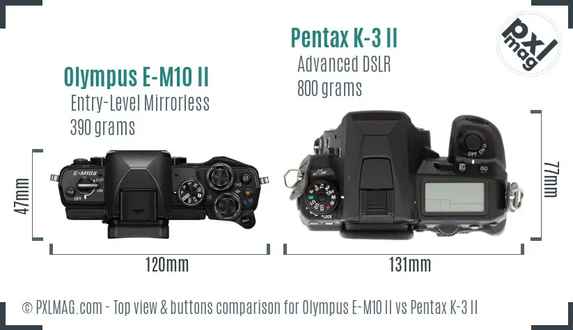 Olympus E-M10 II vs Pentax K-3 II top view buttons comparison