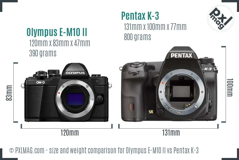 Olympus E-M10 II vs Pentax K-3 size comparison