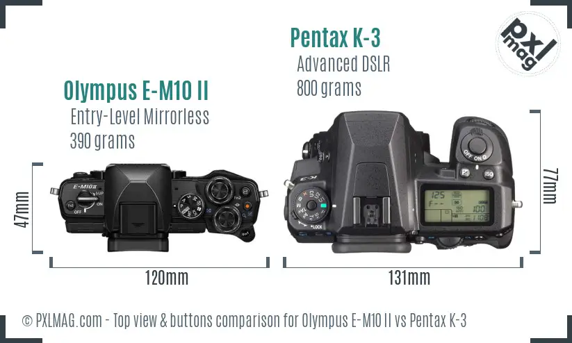 Olympus E-M10 II vs Pentax K-3 top view buttons comparison