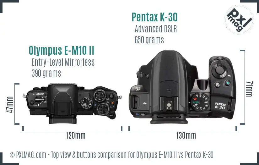 Olympus E-M10 II vs Pentax K-30 top view buttons comparison