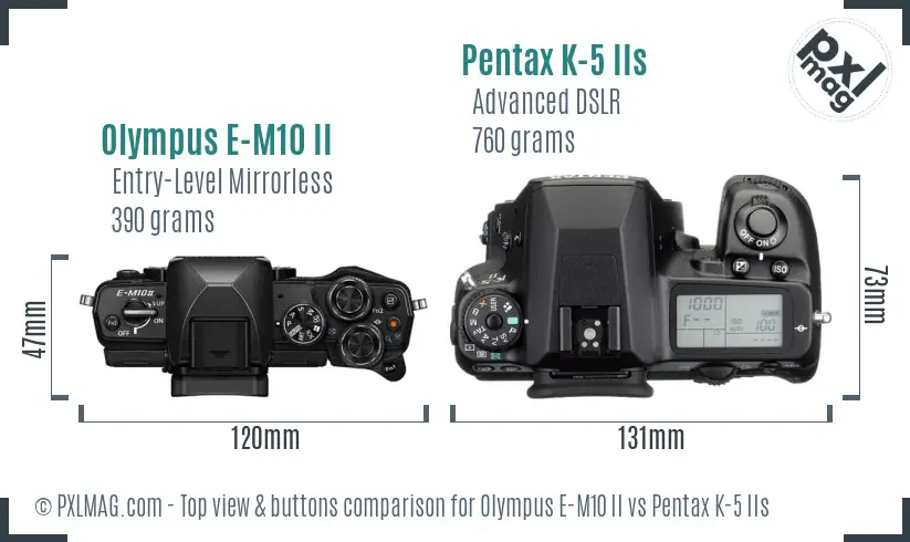 Olympus E-M10 II vs Pentax K-5 IIs top view buttons comparison