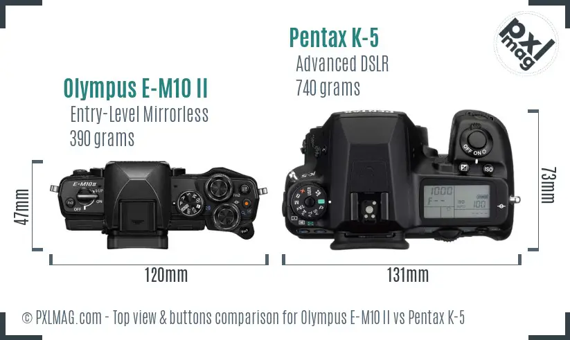 Olympus E-M10 II vs Pentax K-5 top view buttons comparison