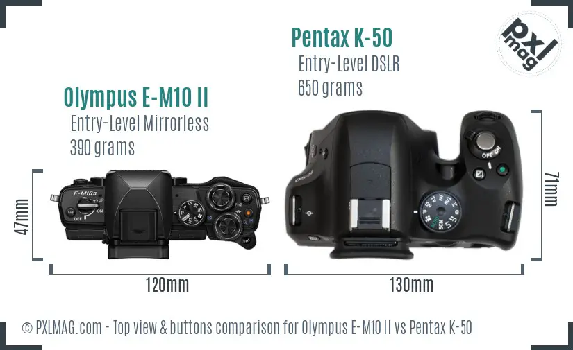 Olympus E-M10 II vs Pentax K-50 top view buttons comparison