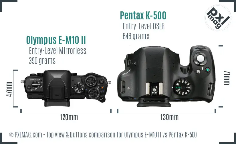 Olympus E-M10 II vs Pentax K-500 top view buttons comparison