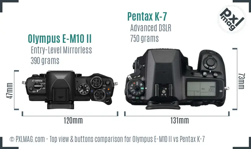 Olympus E-M10 II vs Pentax K-7 top view buttons comparison