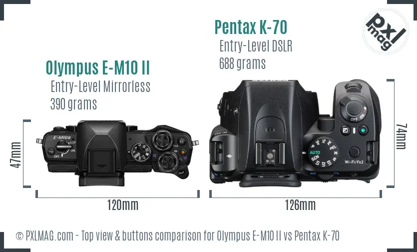 Olympus E-M10 II vs Pentax K-70 top view buttons comparison