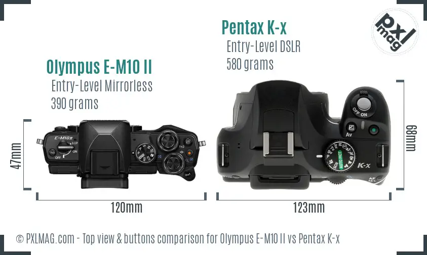 Olympus E-M10 II vs Pentax K-x top view buttons comparison