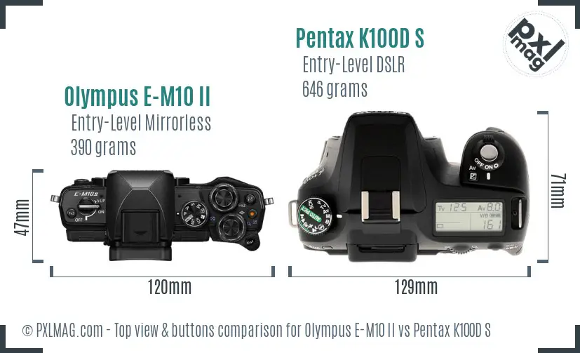Olympus E-M10 II vs Pentax K100D S top view buttons comparison