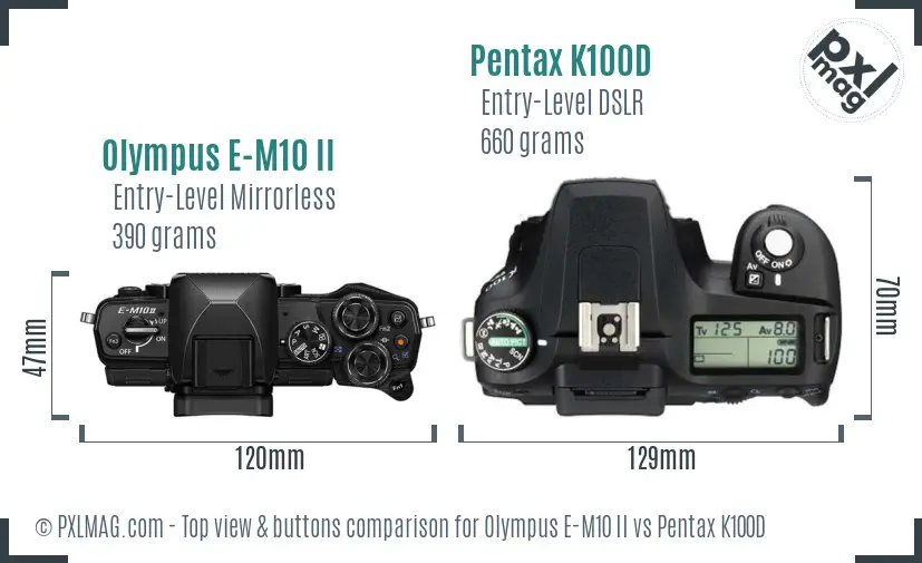 Olympus E-M10 II vs Pentax K100D top view buttons comparison