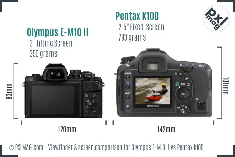 Olympus E-M10 II vs Pentax K10D Screen and Viewfinder comparison