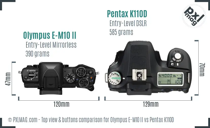 Olympus E-M10 II vs Pentax K110D top view buttons comparison