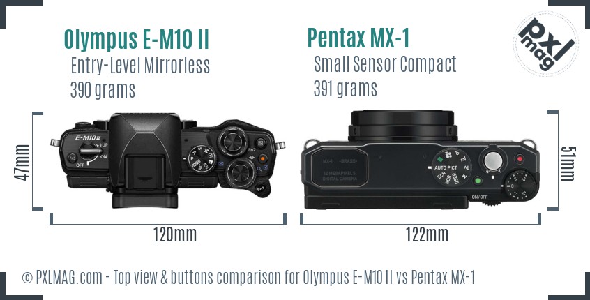 Olympus E-M10 II vs Pentax MX-1 top view buttons comparison