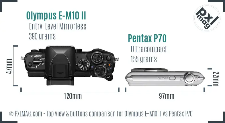 Olympus E-M10 II vs Pentax P70 top view buttons comparison