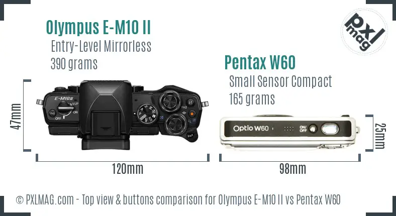 Olympus E-M10 II vs Pentax W60 top view buttons comparison