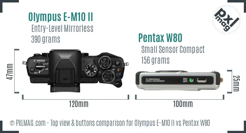 Olympus E-M10 II vs Pentax W80 top view buttons comparison