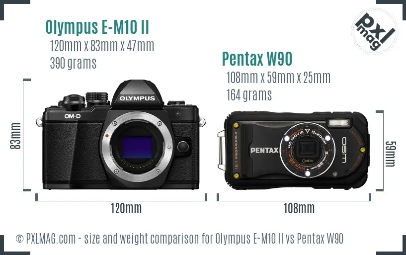 Olympus E-M10 II vs Pentax W90 size comparison