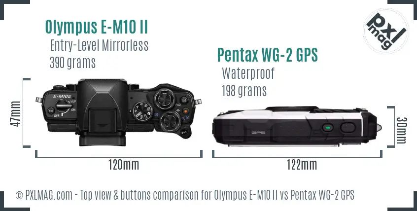 Olympus E-M10 II vs Pentax WG-2 GPS top view buttons comparison