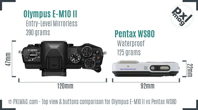 Olympus E-M10 II vs Pentax WS80 top view buttons comparison