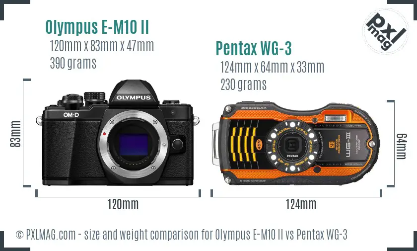 Olympus E-M10 II vs Pentax WG-3 size comparison