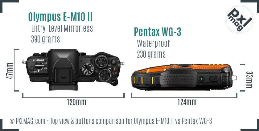 Olympus E-M10 II vs Pentax WG-3 top view buttons comparison