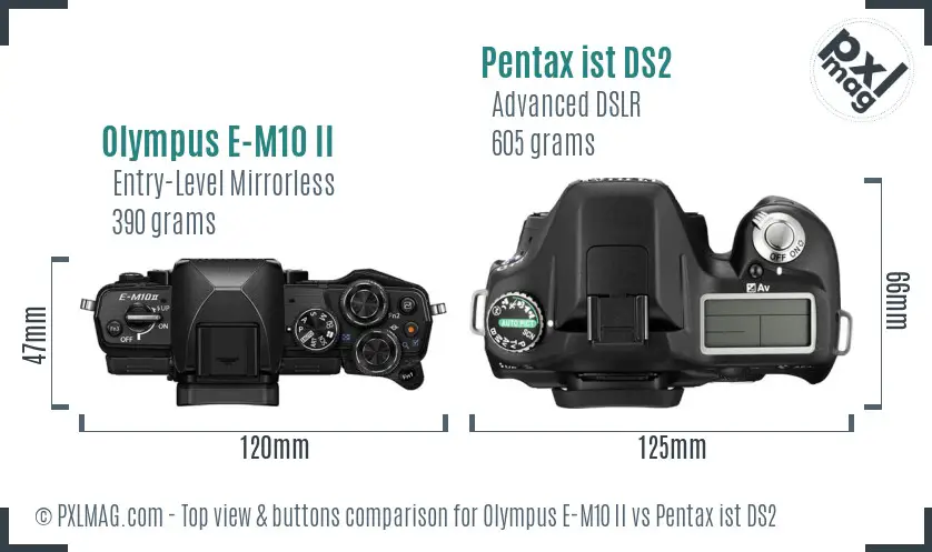 Olympus E-M10 II vs Pentax ist DS2 top view buttons comparison