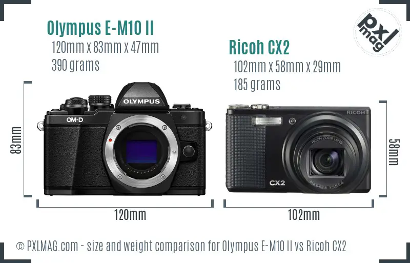 Olympus E-M10 II vs Ricoh CX2 size comparison Olympus E-M10 II vs Ricoh CX2 size comparison