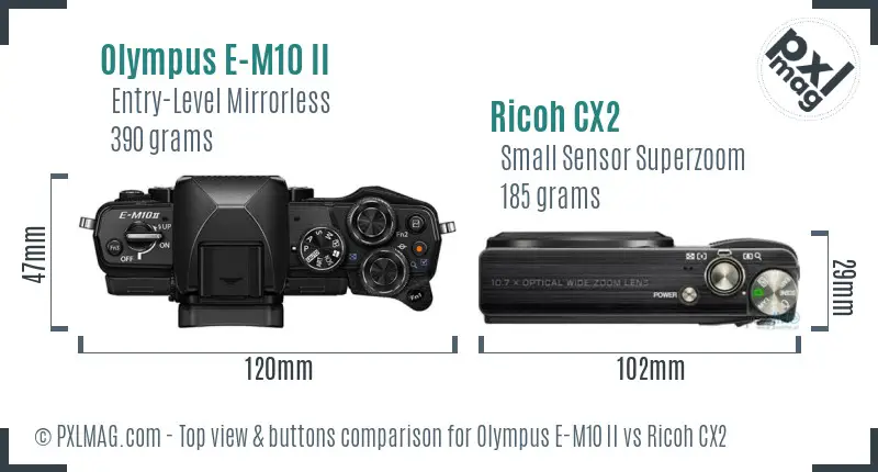 Olympus E-M10 II vs Ricoh CX2 top view buttons comparison Olympus E-M10 II vs Ricoh CX2 top view buttons comparison