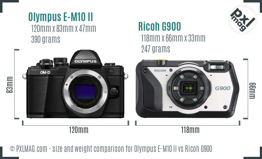 Olympus E-M10 II vs Ricoh G900 size comparison Olympus E-M10 II vs Ricoh G900 size comparison