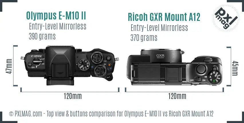 Olympus E-M10 II vs Ricoh GXR Mount A12 top view buttons comparison