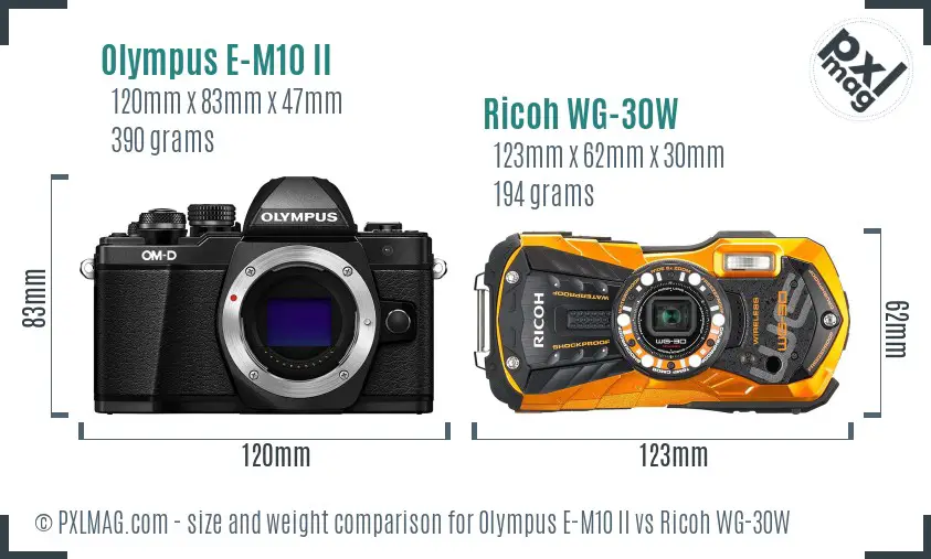 Olympus E-M10 II vs Ricoh WG-30W size comparison