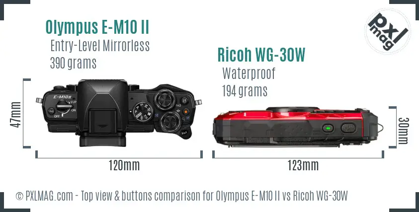 Olympus E-M10 II vs Ricoh WG-30W top view buttons comparison