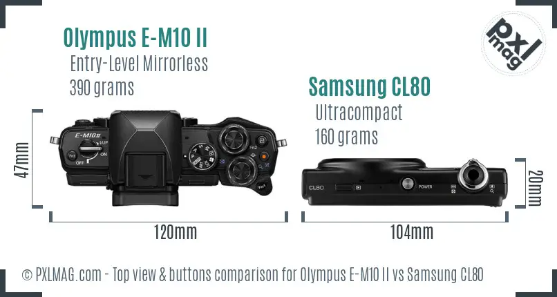 Olympus E-M10 II vs Samsung CL80 top view buttons comparison Olympus E-M10 II vs Samsung CL80 top view buttons comparison