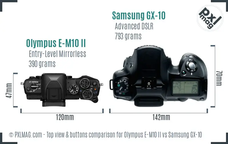 Olympus E-M10 II vs Samsung GX-10 top view buttons comparison