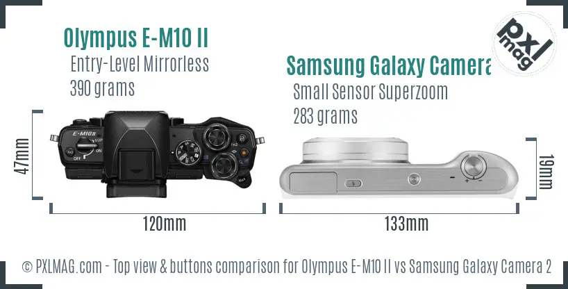 Olympus E-M10 II vs Samsung Galaxy Camera 2 top view buttons comparison